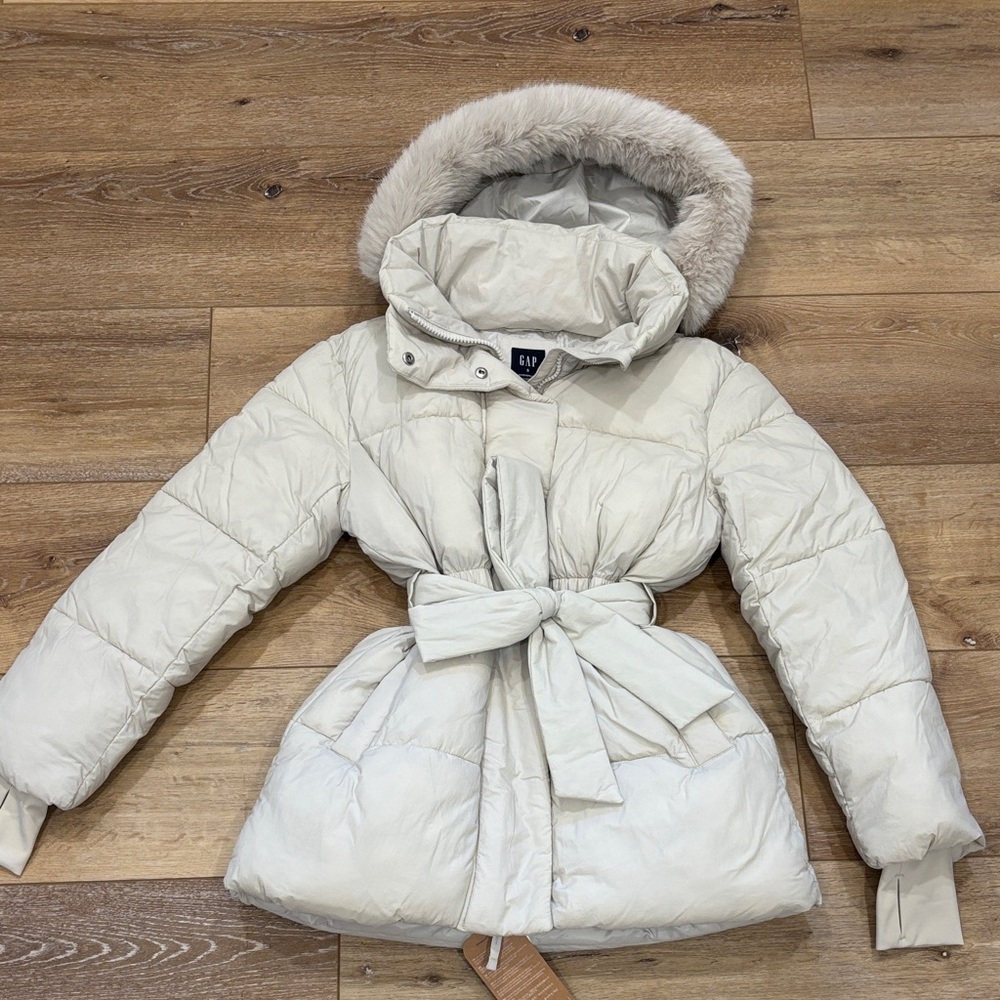 GAP Cream Puffer Jacket with Faux Fur Hood